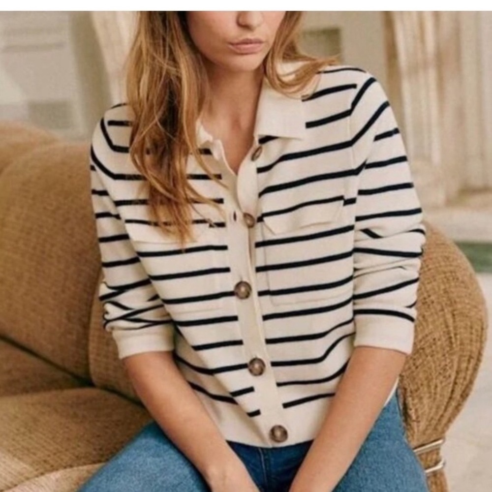 Sezane Cream and Navy Striped Betty Cardigan